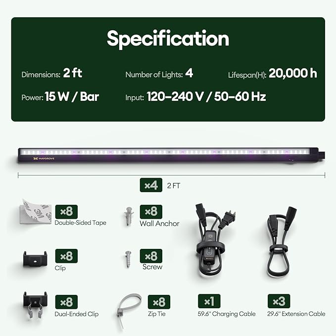 Maygrove Plant Grow Light 2ft, Tunable Full Spectrum LED Grow Light Strips 60W (4 x 15W), T5 Growing Lamp with Timer & Dimming Controller for Indoor Plants, Greenhouse, High PPFD, 4-Pack