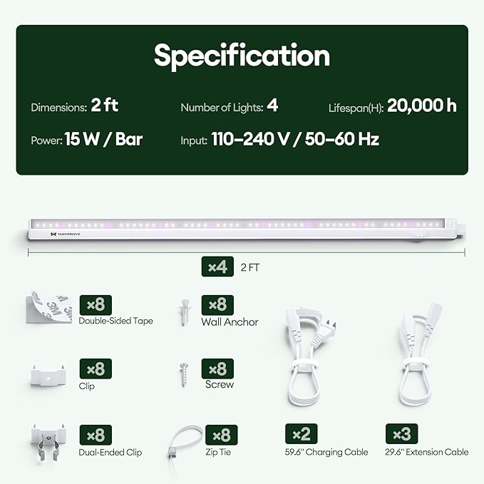 Maygrove Plant Grow Light 2ft, Tunable Full Spectrum LED Grow Light Strips 60W (4 x 15W), T5 Growing Lamp for Indoor Plants, Greenhouse, High PPFD, 4-Pack
