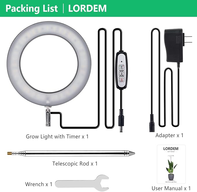 LORDEM Black Full Spectrum LED Grow Light, 72 LEDs, 4 Brightness Settings, Auto On/Off Timer, Height Adjustable, Ideal for Large Plants