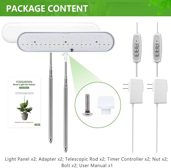 FOXGARDEN Grow Light, Full Spectrum LED Grow Lamp, Plant Lights for Indoor,Auto Timer 4/8/12H, 4 Dimmable, Height Adjustable 8.5"-24", Growing Lights 2 Pack