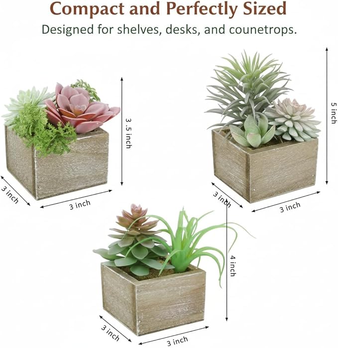 Succulent Plants Artificial, 3 Pack Small Fake Plants in Wood Pot for Home Decor, Farmhouse Artificial Plants Indoor for Living Room Bathroom Bedroom Office Kitchen Desk Wedding Coffee Table Decor