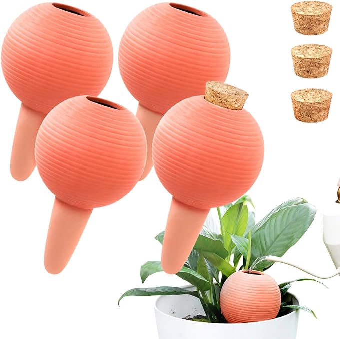 Plant Watering Globes Set of 4, 14oz Terracotta Self-Watering Globes for PottedPlants, Watering Planter Insert Bulbs with Cork Stoppers, Automatic Watering Spikes for Indoor&Outdoor Plants, Orange