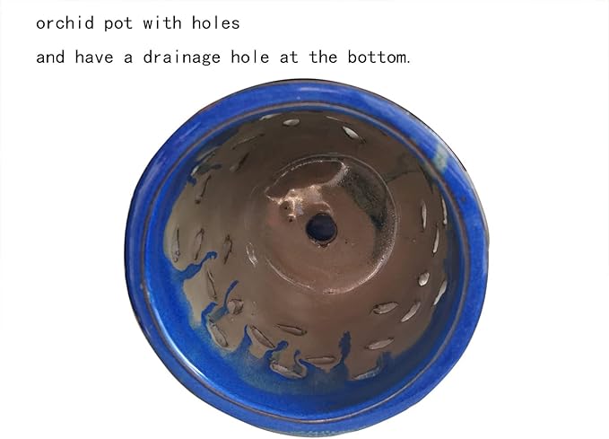 Large 6inch Ceramic Orchid pots with Holes, Flower Pot with Saucer for Indoor Plants Home Decorative, Round Planter (Blue+Light Brown)