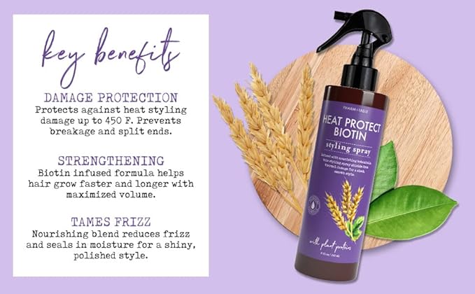 PHARM TO TABLE Heat Protect Biotin Spray - Vitamin B7 Formula Shields Hair up to 450F from Styling Tools, 240ml/8 fl oz