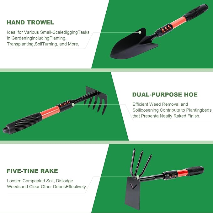 Garden Tool Set, 3 Pack Lightweight Heavy Gardening Kit Including Hand Shovel, Transplant Shovel and Hand Rake with Soft Rubber Non-Slip Handle, for Planting Weeding Digging, Orange 