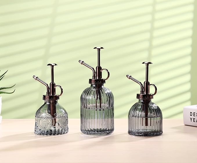 Glass Plant Mister - 6.5" Green Glass Water Spray Bottle with Gold Top Pump, Small Plant Sprayer for Indoor/Outdoor House Plants (Gray+Bronze)