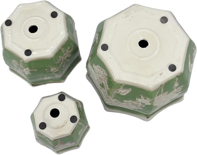 Galt International Green & White Floral Porcelain Ceramic Decorative Flower Pot 8"/6"/4.5" Garden Pots Chinese Asian Design - Set of 3 Green Fluted