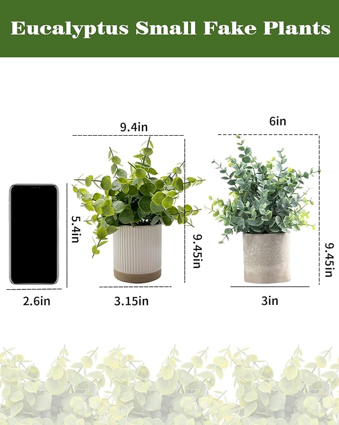 Coferset Small Fake Plants Eucalyptus Potted Artificial Plants Faux Plant Greenery in Ceramic Pot for Bedroom Kitchen House Living Room Shelves Farmhouse Table Office Desk Bathroom Home Indoor Decor