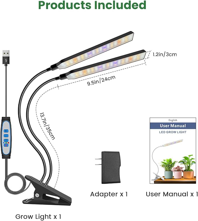 Kullinss Black Grow Light, 2-Head Plant Lights for Indoor Growing with 6/12/16H Timer, 3 Color Modes, 5 Dimmable Levels, 114 LEDs Full Spectrum Clamp Grow Lamp for Indoor Plants, Herbs, Seedlings