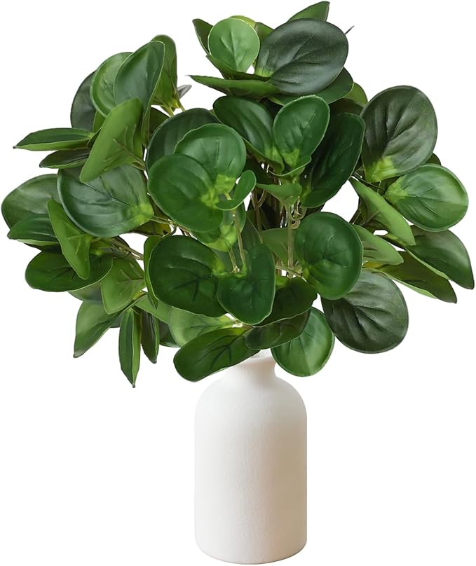 15" Artificial Eucalyptus Stems Potted Plant - Realistic Small Fake Desk Plants for Office Home Decor, Faux Plants in Frosted Ceramic Vase for Indoor Spaces, Wedding Centerpieces Table Decor(2pcs leaf