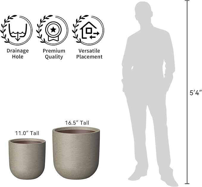 Kante 11.0" Round Concrete Planter, Large Cylinder Plant Pot with Curved Bottom and Drainage Hole, for Indoor and Outdoor Use – Garden or Patio, Weathered Concrete Finish with Painted Interior