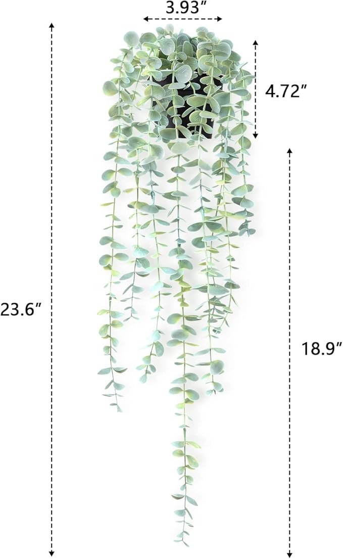 Fake Hanging Plant Eucalyptus Artificial Faux Plants Indoor Small Wall Greenery Decor for Shelf with Black Pot Soft Green 1PCS 23Inch Long