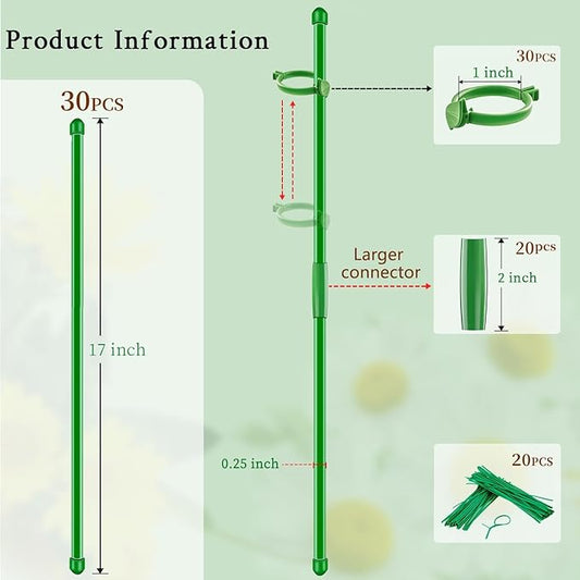 30Pcs Plant Support Stakes 17 inch SupKing Garden Orchid Sticks Extended to 3ft 4ft 5ft Plant Poles with Clips for Indoor Outdoor Potted Tomato Rose Amaryllis Vegetables Comes with 20 Ties(Green)
