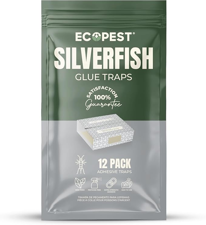 Silverfish Trap — 12 Pack | Sticky Indoor Glue Trap for Silverfish, Firebrat, and Other Bugs and Crawling Insects | Adhesive Silverfish Killer Paks, Monitor, and Detector with Natural Bait Attractant