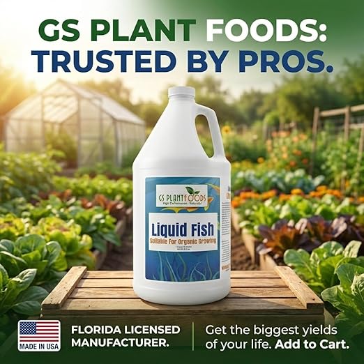 GS Plant Foods Liquid Fish Fertilizer - Organic Material Review Institute Listed (5 Gallons) – Natural Hydrolyzed Fish Fertilizer for Gardens, Lawns & Container Growing
