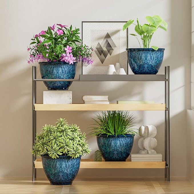 Vanslogreen Plant Pots, Set of 4 Plastic Planters with Drainage Hole, 8 Inch Glaze Plastic Flower Pots for Plants, Nursery Planting Pot, Planter for Indoor Outdoor Home Decorative(Blue)