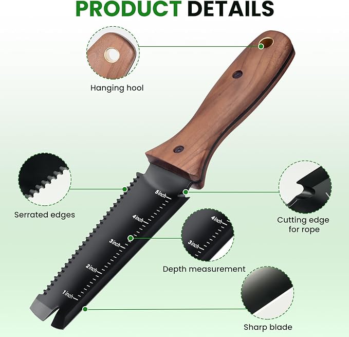 PERWIN Hori Hori Garden Knife, Garden Tools with Sheath, 6" Stainless Steel Blade with Cutting Edge, Full-Tang Walnut Ergonomic Wood Handle with Hanging Hole, Weeding, Planting, Digging
