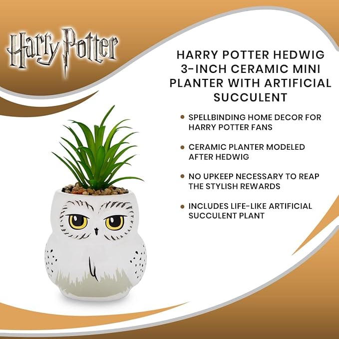 Harry Potter Hedwig 3-Inch Ceramic Mini Planter with Artificial Succulent | Small Flower Pot, Faux Indoor Plants for Desk Shelf, Home Decor Trinket Tray | Wizarding World Gifts and Collectibles