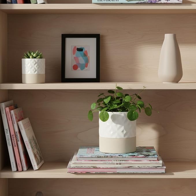 Nihow Self Watering Plant Pot for Indoor Plants: 4.5+6 Inch Ceramic Planter with Drainage Hole & Water Storage Plus - Cylinder Flower Pot with Wick for Herbs - Matte White & Brown Star