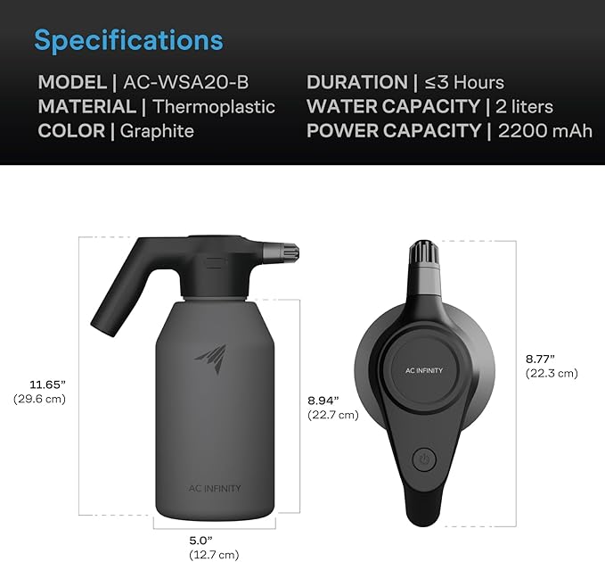 AC Infinity Automatic Sprayer, 2L Portable Electric Spray Bottle, USB Rechargeable with Adjustable Nozzle Spout for Plants Fertilizing Gardening and Cleaning (Graphite)