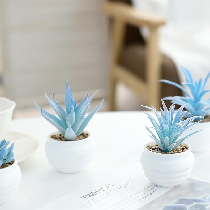 GREENTIME 6 Pcs Blue Artificial Succulent Plants in Mini White Plastic Pots Small Fake Succulent Plant Faux Indoor Decor Bedroom Desk Bathroom Office Living Room Table Shelf Home Decoration