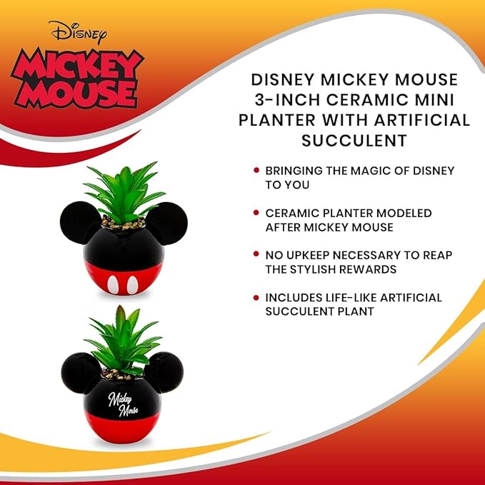 Silver Buffalo Disney Mickey Mouse 3-Inch Ceramic Mini Planter with Artificial Succulent | Small Flower Pot, Faux Indoor Plants for Desk Shelf, Home Decor Trinket Tray and Collectibles