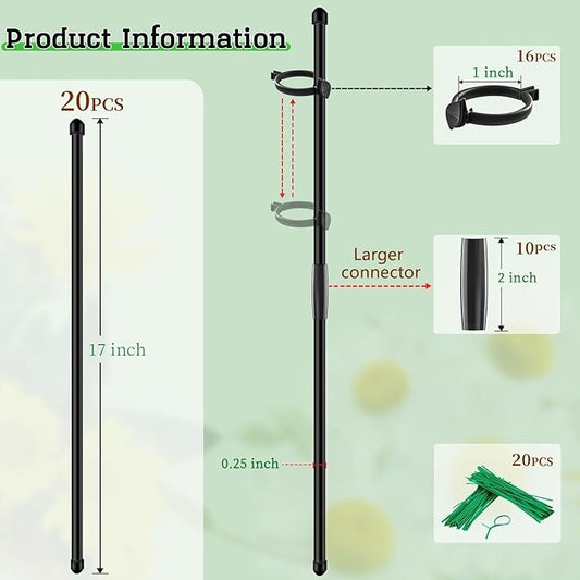 20Pcs Plant Support Stakes 17 inch SupKing Garden Orchid Sticks Extended to 3ft 4ft 5ft Plant Poles with Clips for Indoor Outdoor Potted Tomato Rose Amaryllis Vegetables Comes with 20 Ties(Black)