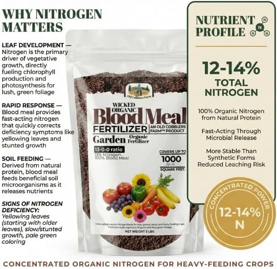 Old Cobblers Farm™ Wicked Organics Blood Meal – High-Nitrogen Soil Booster for Lush Lawn & Vigorous Garden Growth | Promotes Greener Foliage & Strong Roots | (5 lbs | 10 lbs | 15 lbs | 20 lbs) (5lbs)