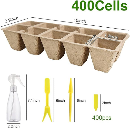 SYITCUN 400 Cells Seed Starter Tray, 40 Pack Biodegradable Seed Starter Kit, Peat Pots for Seedlings with 400 Plant Labels, 2 Seed Planting Tool and 1 Spray Bottle