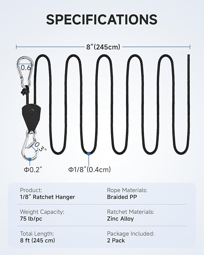 Fondwell 1/8" Adjustable Rope Hangers Ratchet: 2 Pack of Plant Pulleys for Hanging Plants Heavy Duty - Tie Down Straps with Pulley System