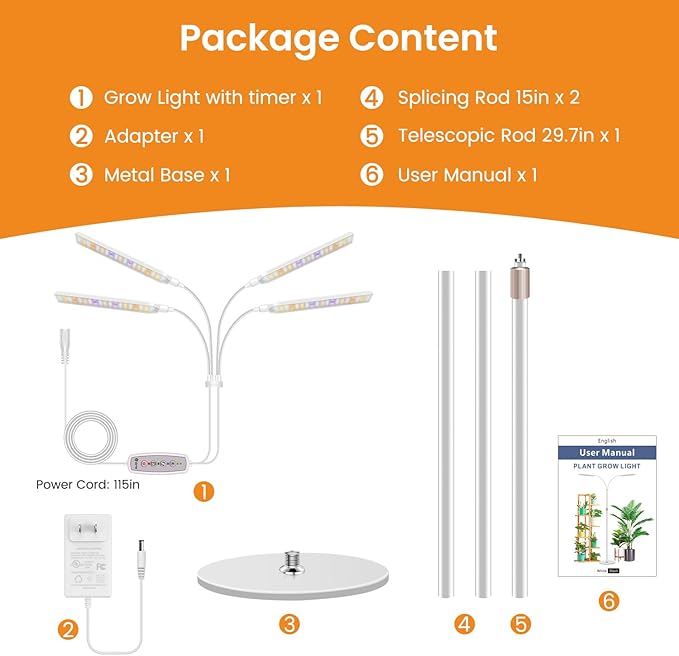 Kullsinss Grow Lights for Indoor Plants, 4-Head Full Specturm Plant Grow Light with 4/8/12/16H Timer, 3 Color Modes, 5 Brightness, 24-68.7in Height Adjustable Floor Growing Lamp for Tall Large Plants