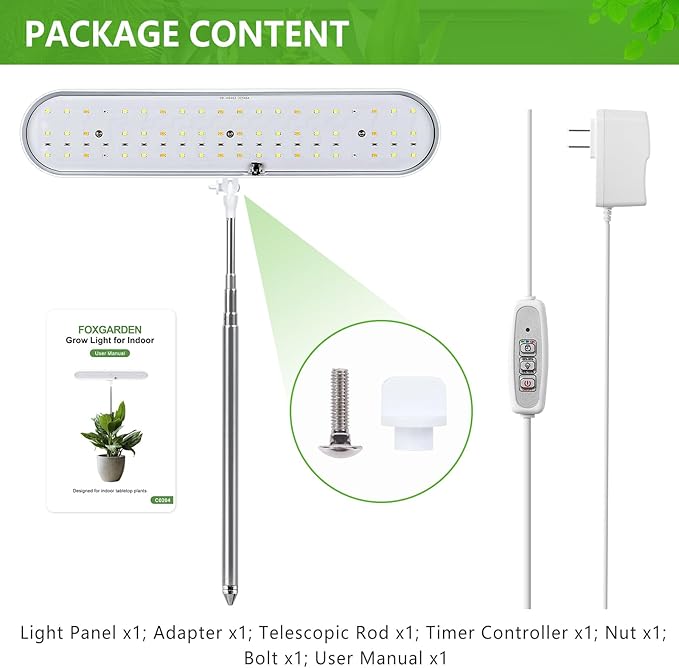 FOXGARDEN Grow Light, Full Spectrum LED Grow Lamp, Plant Lights for Indoor,Auto Timer 4/8/12H, 4 Dimmable, Height Adjustable 8.5"-24", Growing Lights
