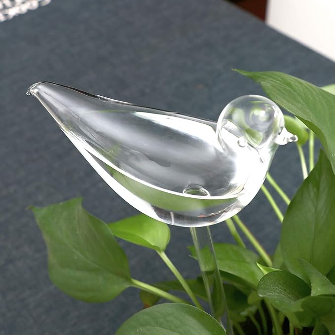 Kingbuy Self Watering Globes Plant Waterer Device Bird Shape Hand Blown Clear Glass Bulb for Indoor or Outdoor Plants, 4 Pack