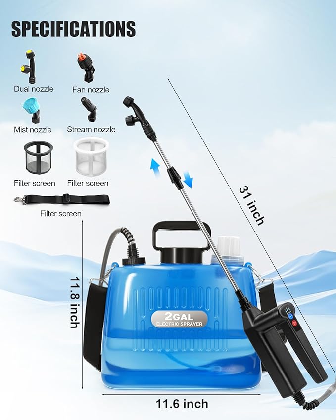 Battery Powered Sprayer 2 Gallon, Electric Weed Sprayer with 3 Adjustable Pressure Levels, 4 Nozzles & Extendable Wand, Rechargeable Garden Sprayer for Yard, Lawn, Plants & Fertilizer
