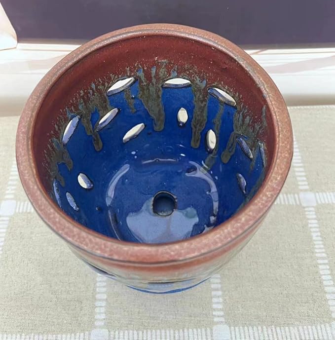 Large 6inch Ceramic Orchid pots with Holes, Flower Pot with Saucer for Indoor Plants Home Decorative, Round Planter (Blue+Golden Brown)