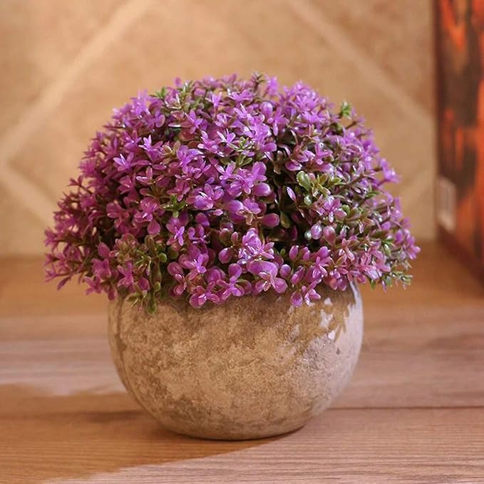 Ogrmar Mini Plastic Artificial Plants Grass in Pot/Small Artificial Faux Greenery/Mini Plants Topiary Shrubs for Bathroom, House Decorations (Purple)