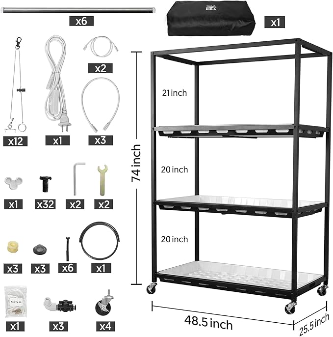 Indoor Greenhouse with Full Spectrum LED Grow Light and Tent, Indoor Gardening System with Watertight Plant Shelf Trays, 3-Tier Metal Plant Stand with Wheels, Microgreens Growing Kit