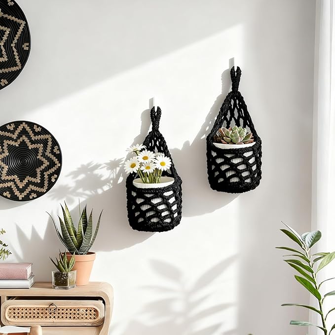 Macrame Wall Plant Hanger, Hanging Planter Basket Holder, Wall Planters for Indoor Plants, for Up to 4 Inch Pot (Black, 4-Inch)