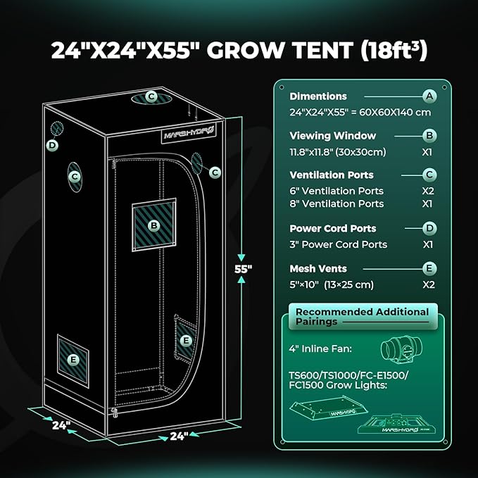MARS HYDRO 2x2 Advanced Grow Tent, 24"x24"x55" High Reflective Mylar 1680D for Hydroponics Indoor Plant Growing, with Observation Window,Floor Tray and Smooth Zipper for TS600/TS1000