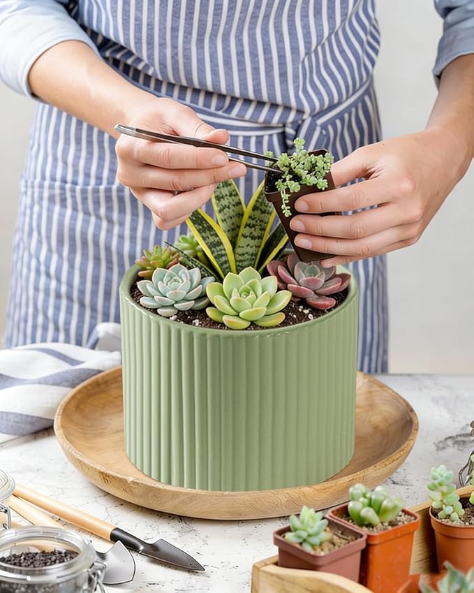 Ceramic Plant Pots, 8.1 + 6 Inch Planters for Indoor Plants, Modern Flower Pot for Plant with Drainage, Medium Cylinder Flower Pots for Indoor/Outdoor, House Plants, Matte Green