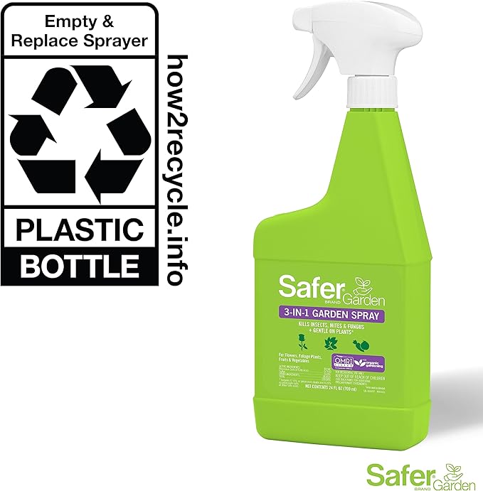 Safer Garden 3-in-1 Ready-to-Use Fungicide, Miticide, and Insecticide Spray, 24 oz Spray - Kills Insects & Mites - Controls & Prevents Fungal Diseases - SG5452 - OMRI Listed for Organic Gardening