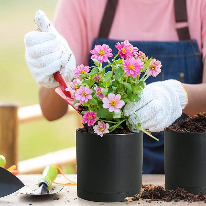 Meowell 12/10/8 inch Large Deep Plant Pots, 3 Pack Tall Cylinder Flower Pots for Outdoor Indoor Plants, Plastic Planters with Drainage Holes and Saucers for Garden Porch House Plants, Black