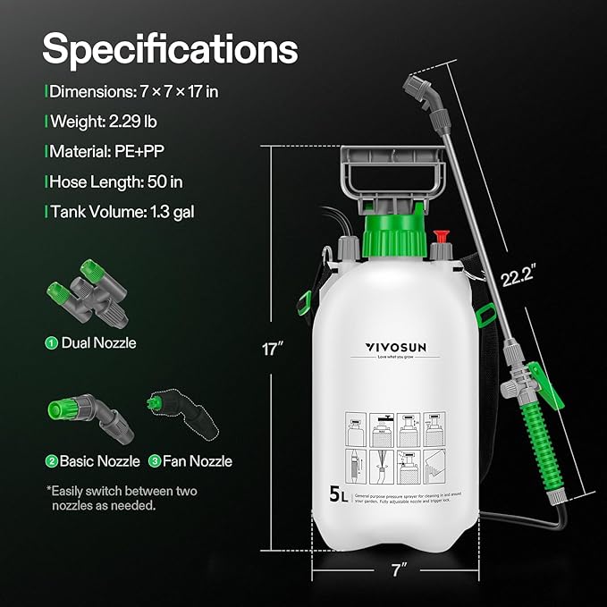 VIVOSUN 1.35 Gal/5L Pump Sprayer, Garden Water Sprayer for Plants, Weeds & Lawn Care, with 3 Nozzles, 50'' Long Hose & Pressure Relief Valve (Pack of 2)
