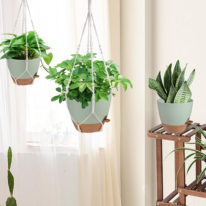 Vanslogreen 41.5 Inch Macrame Plant Hanger Indoor Outdoor with 12 Inch Flower Pot, Hanging Planter for Plants Holder with Wood Beads for Boho Home Decor (Ivory+Green)