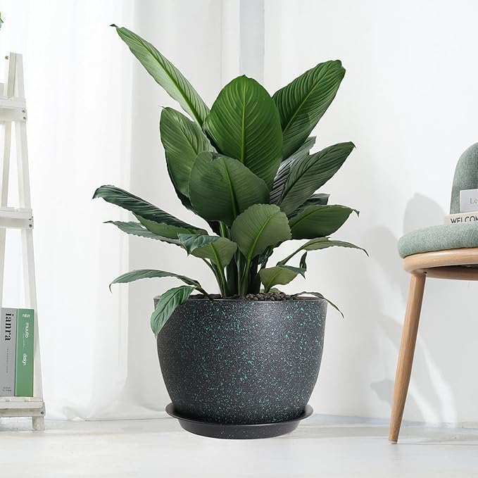 UOUZ 12/10/9 Large Modern Plant Pots, Plastic Planters with Drainage Holes and Saucers for Indoor Outdoor Plants Flowers, Black with Green Speckles