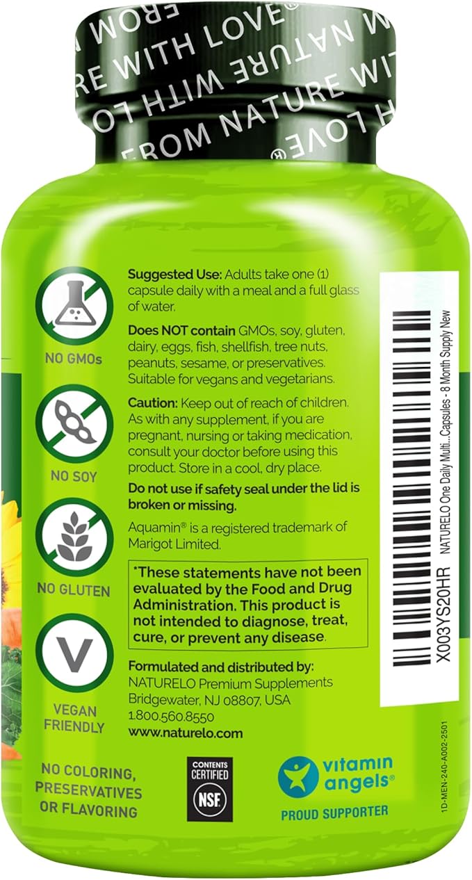 NATURELO Mens Multivitamins - One Daily Multivitamin for Men with Vitamins, Minerals & Organic Whole Foods, Boost Energy & Health, Non-GMO, 240 Vegetarian Capsules
