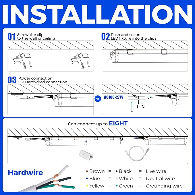 Barrina (6 Pack LED T5 Integrated Single Fixture, 4FT, 2200lm, 6500K Super Bright White, 20W Utility LED Shop Light, Ceiling and Under Cabinet Light, Corded Electric with ON/Off Switch, ETL Listed