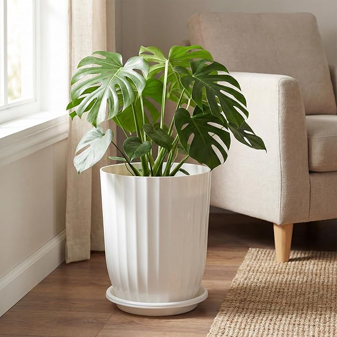 Briwooody 2 Pcs Tall Planter 15" Large Round Plastic Plant Pots with Drainage Hole and Tray White Modern Planter for Indoor Outdoor Plants Home Office Kitchen Bedroom Living Room Porch Patio Decor