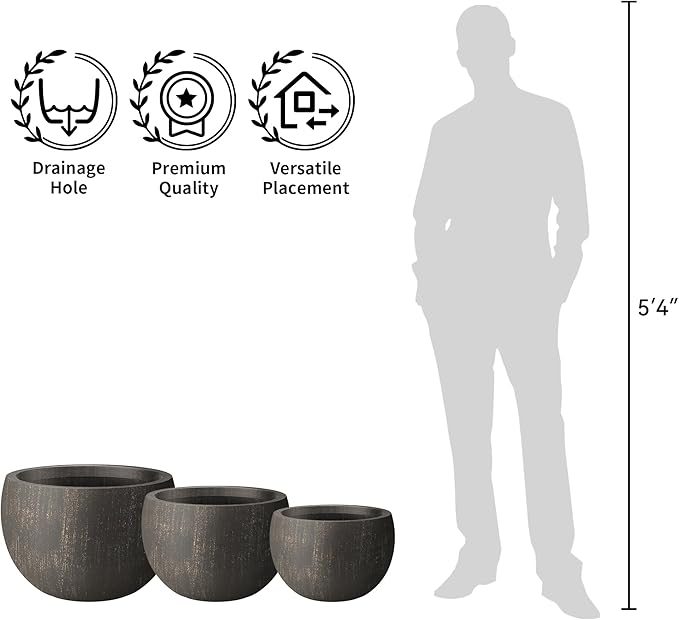 Kante 15.7" Dia Round Concrete Planter, Outdoor/Indoor Large Bowl Plant Pots with Drainage Hole and Rubber Plug for Garden Patio Balcony Home, Oil Rubbed Bronze