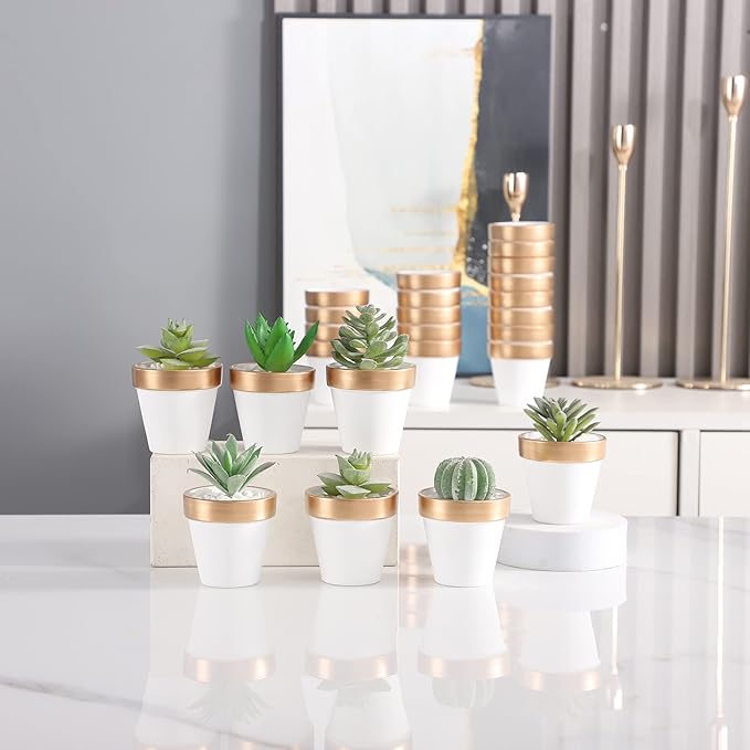 Yishang 2.5 inch White&Gold Terracotta Pots with Drainage Holes,Small Mini Clay Ceramic Pottery Planter,Cactus Flower Terra Cotta Pots,Succulents Nursery Pots for Indoor/Outdoor Plants,Crafts-12 Pack